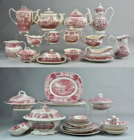 (42) Piece Red Transferware Dinnerware: (42) Piece Red transferware dinnerware (Various Makers) Including: (3) Wood and Sons Woodland Serving Platters, (14) Dishes Including Wedgwood, Johnson Bros, Mason, Royal Swan, Wood and Sons, (4) Bowl