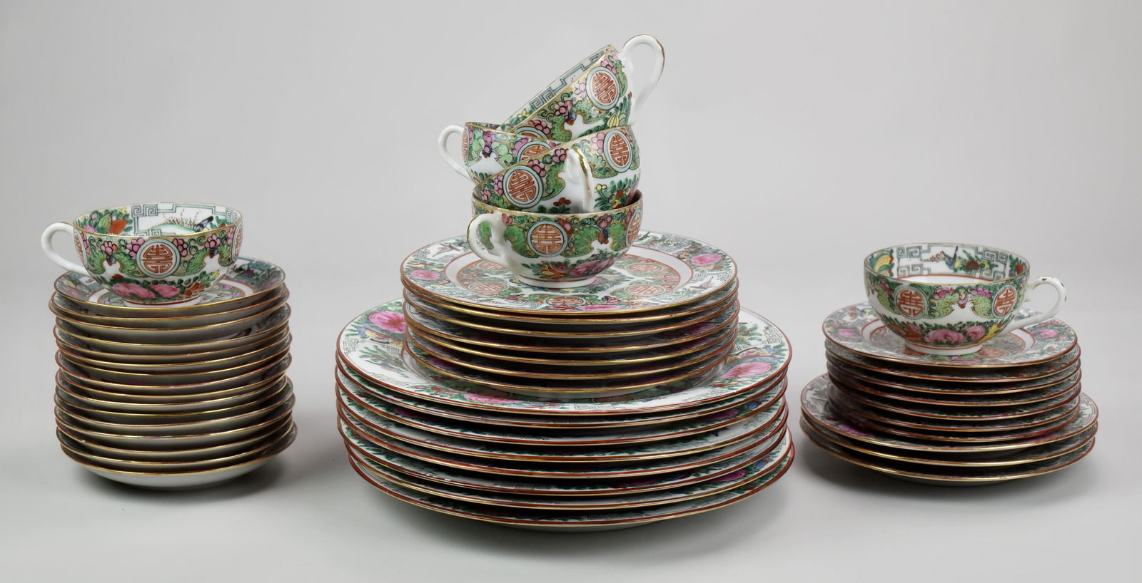 (47) Pcs Rose Famille Dinnerware Set: (47) Pcs Rose Famille dinnerware c/o (6) cups, (16) saucers, (7) small plates, (3) b&b, (7) salad plates, (8) dinner plates.