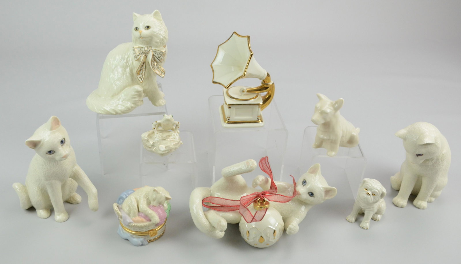 (9) Porcelain Animal Figures Mostly Lenox: (9) Porcelain Animal Figures Including: Lenox Sitting Pretty Cat, Curious and Cautious Cat, Curious and Cautious Frog, Holiday Helper Cat, Concerto Cat, Concerto for Kitty Gramophone, Fresh and Fluffy