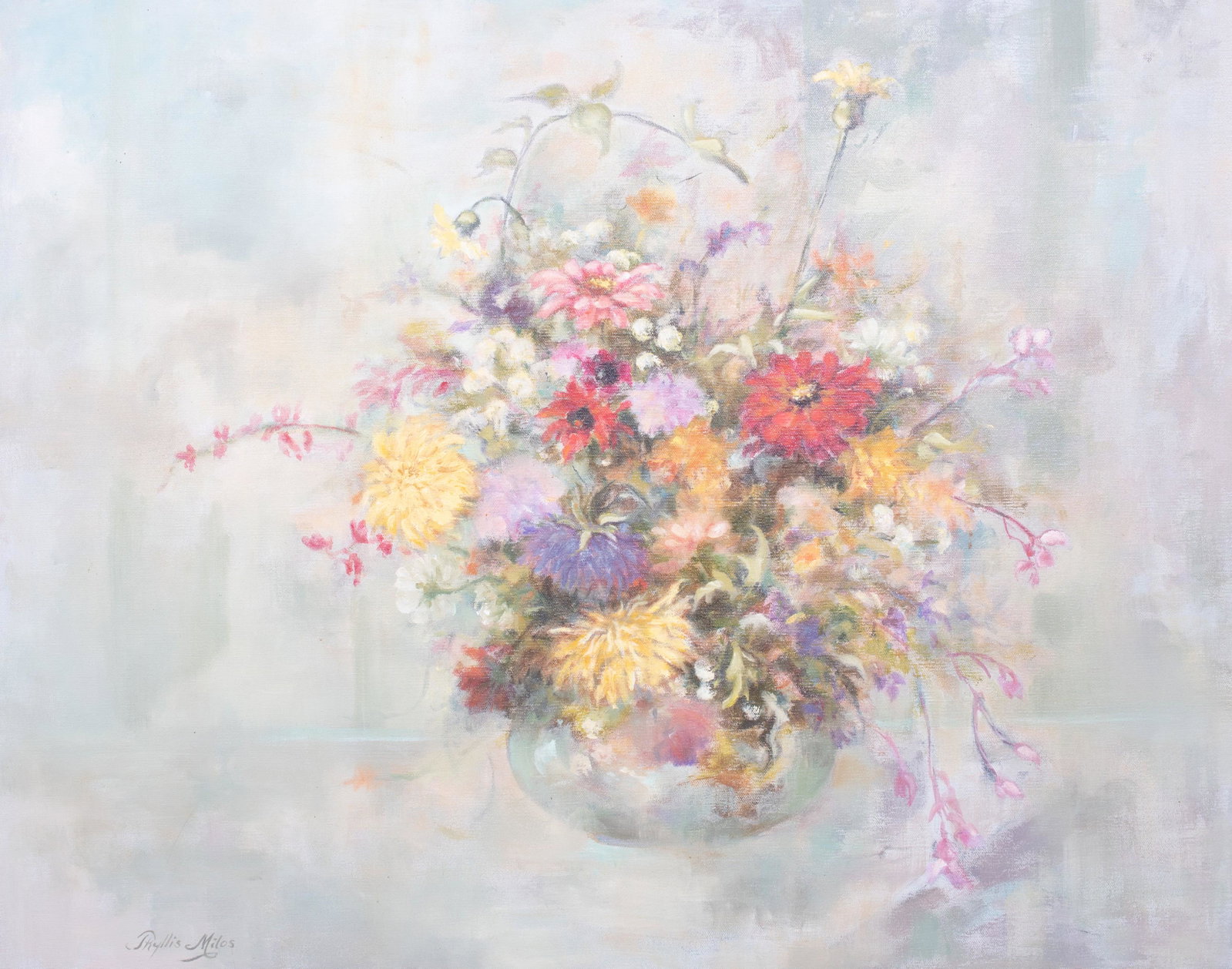 Phyllis Milos Still Life Painting: Phyllis Milos, 20th C. American, still life painting of flowers in a bowl, oil on canvas, signed "Phyllis Milos", 24" x 30", framed 32-1/2" x 38-1/2", good condition