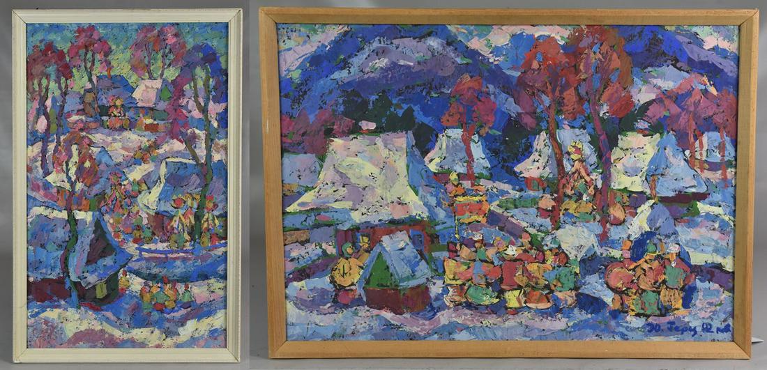 Hertz Yuri Dimitrievich (2) Landscape Paintings: Hertz Yuri Dimitrievich (Ukrainian, 1931-2012), (2) landscape paintings, tempera on board, signed and titles in Cyrillic on reverse, larger measures 30-3/8" x 18-7/8", good condition, cupping of board