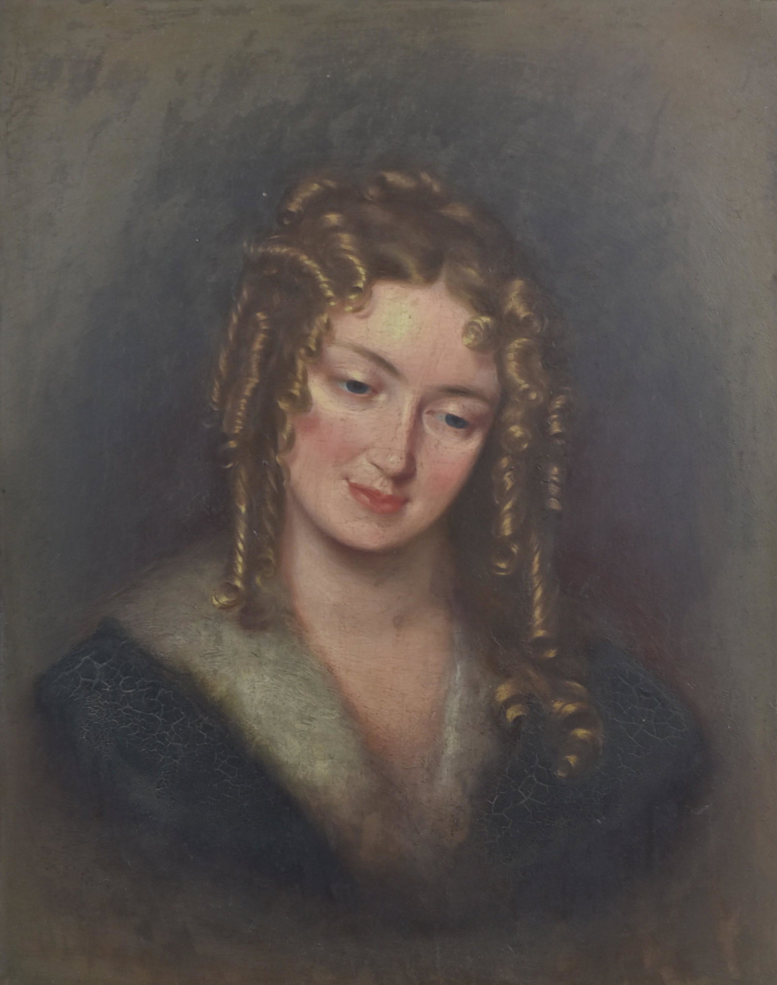 19th C. Portrait Painting of a Young Girl: 19th C. portrait of a young girl, oil on board, unsigned, 20" x 16", framed 29-1/4" x 25-1/4", good condition with areas of craquelure, various small gesso damages