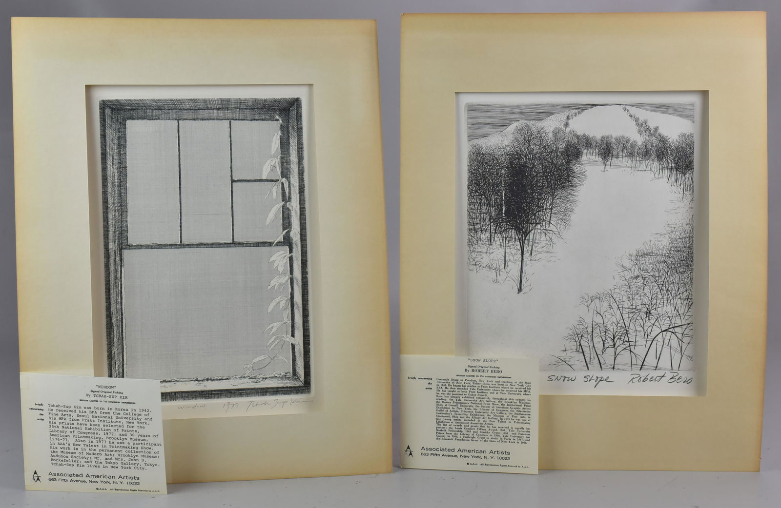 Robert Bero & Tchah-Sup Kim (2) Etchings: Robert Bero & Tchah Kim (2) etchings: "Snow Slope", pencil signed, edition 179/250; " window", 1977, pencil signed 100/250, both excellent condition