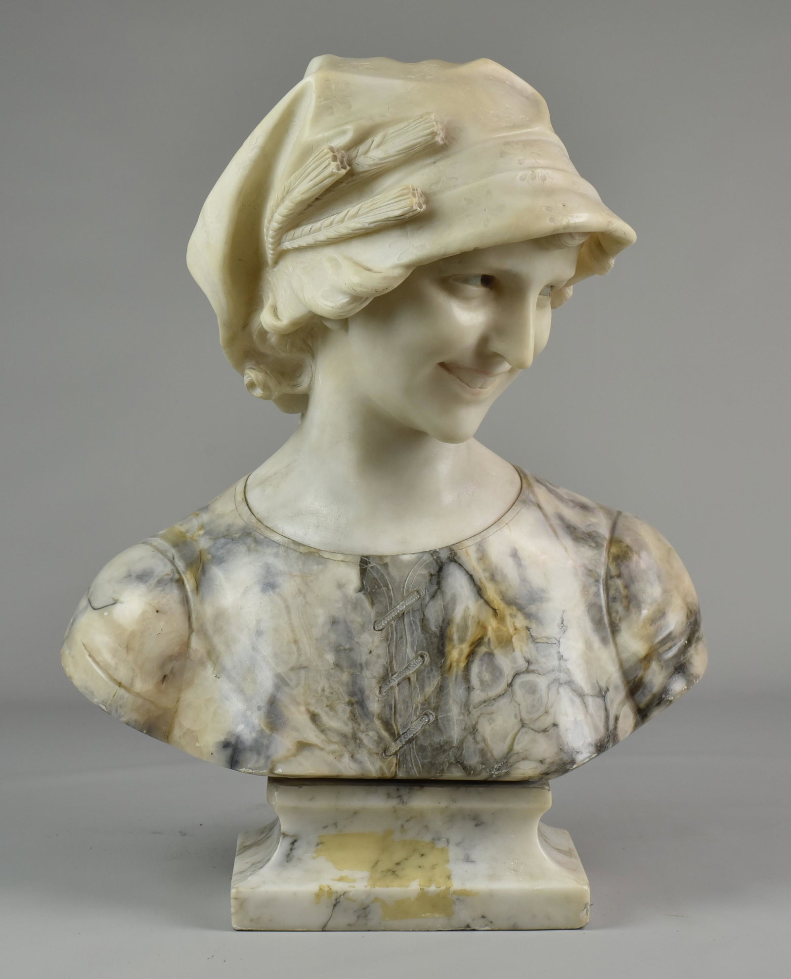 19th c. Alabaster Bust of a Young Maiden: 19th c. Alabaster Bust of a Young Maiden; unsigned, 19-1/4" high, good condition with various minor chips and scratches.