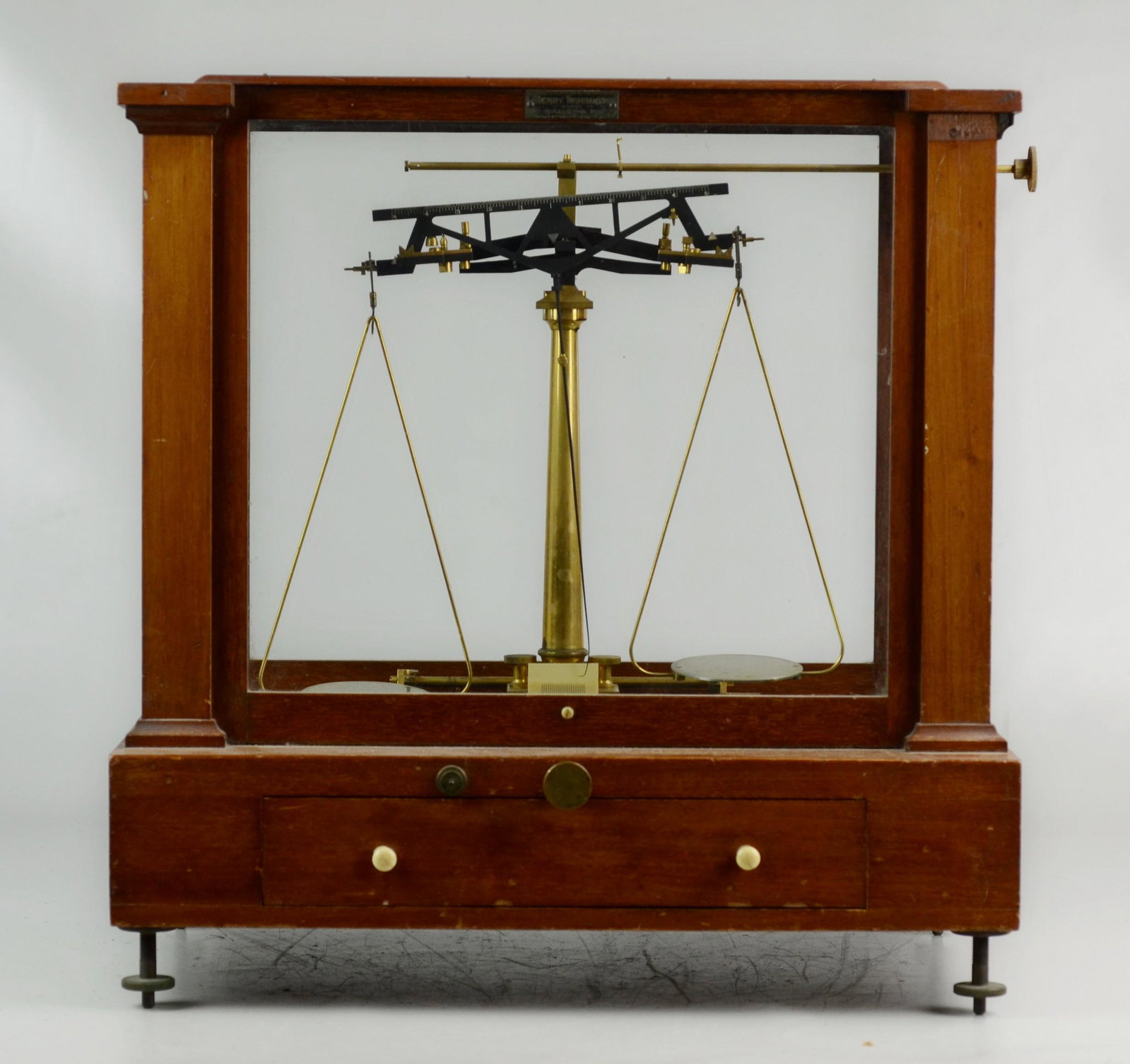 Henry Troemner Balance Scale: Henry Troemner analytical beam balance scale, burned inside drawer "Troemner's No 10 Ana'l Balance", direction sheet inside drawer (torn, but mostly intact), leveling feet, late 19th C, 19-1/4" w x 11
