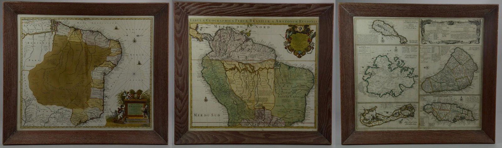 (3) Antique Maps of South America, Caribbean Islands: (3) Antique Maps of South America, Caribbean Islands. Hand colored, visible plate marks on laid paper, evidence of previous binding at center of each, printed from original plates, exact age unknown,