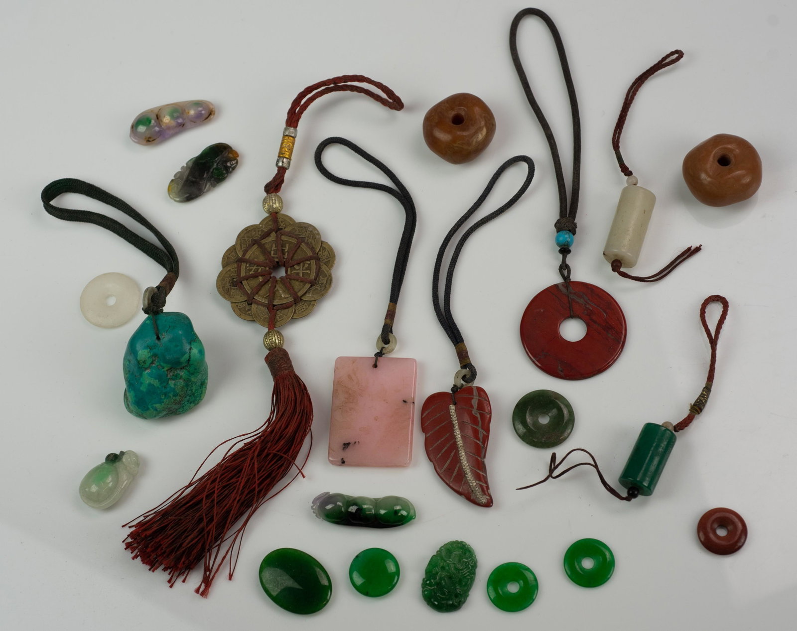 Chinese Stone & Brass Pcs.: (21) Pcs. Chinese stone & brass grouping c/o hardstone, turquoise, pendants, & loose pcs.