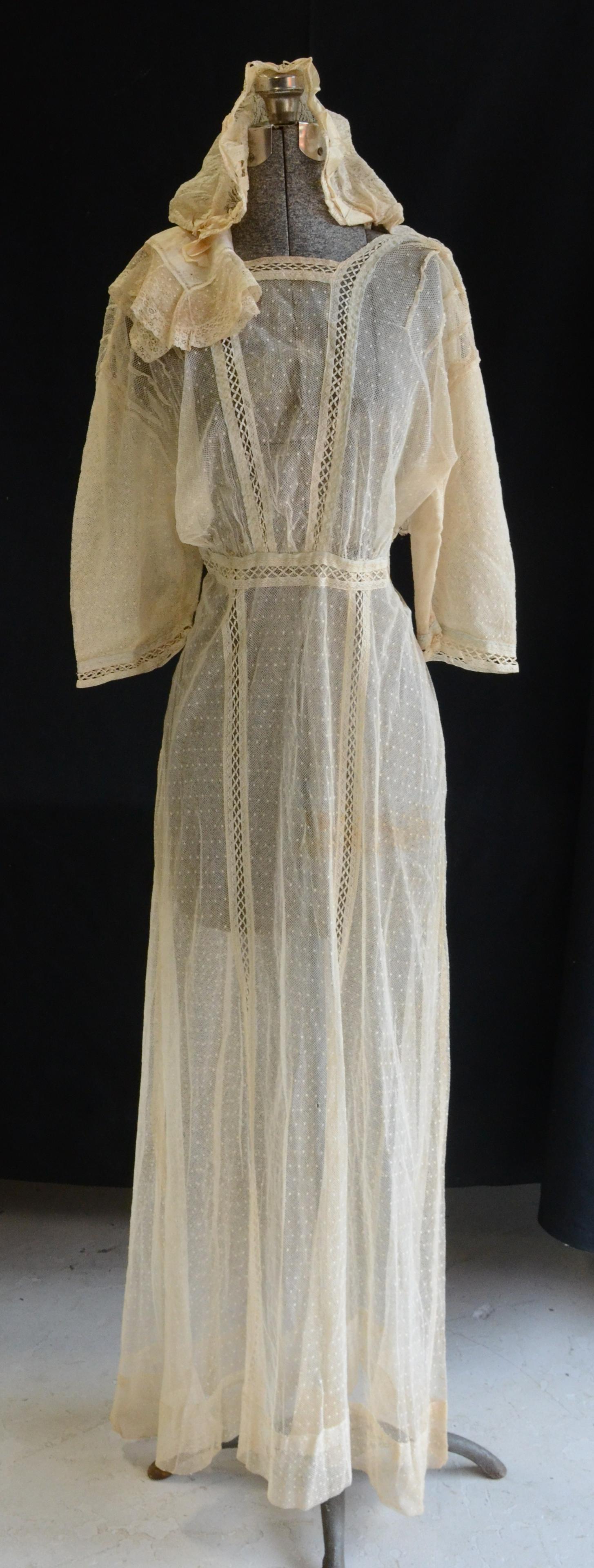 Edwardian Net Lace Dress and Headcover: Edwardian dotted net lace gown with open lace inserts, coordinating kerchief and lace head covering with silk ribbon.