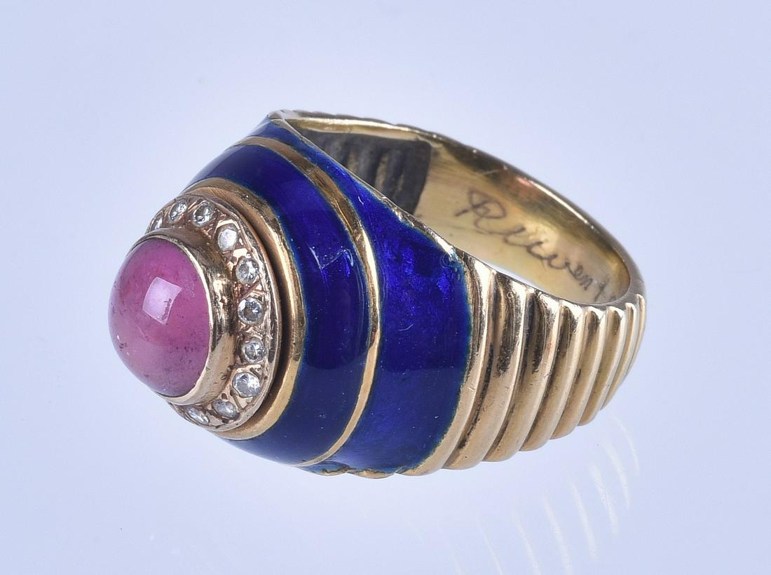 18K Gold Perelman Diamond and Amethyst Ring: 18K Gold Signed Ruven Perelman Blue Enameled Diamond and Amethyst Ring, (Size 6-1/2"), (5.5 Dwt Total Weight)