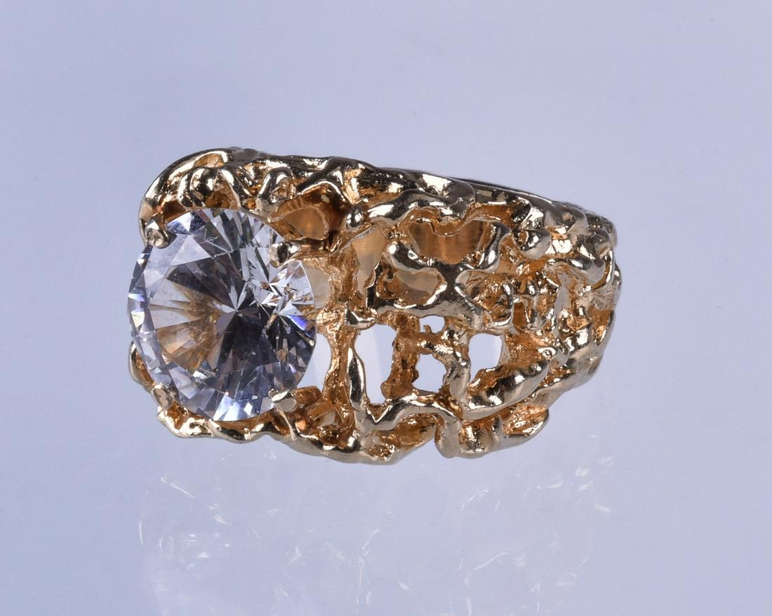 14K YG mans ring set with clear stone: 14K YG mans ring set with clear stone, size 8 1/2, 14.0 dwt