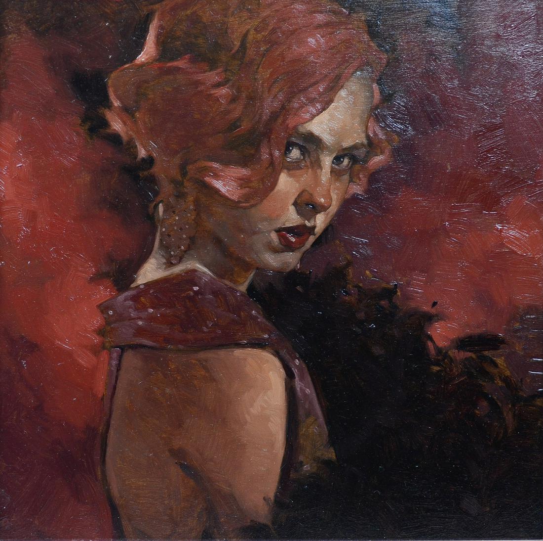 Joseph Lorusso (American b. 1966) painting: Joseph Lorusso (American b. 1966) painting "Seductive Look", oil on board, signed Lorusso, 12" x 12", framed 17-3/4" x 17-3/4", very good condition