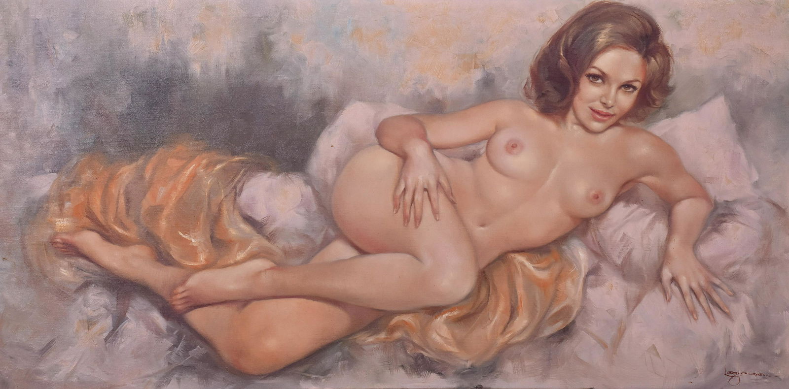 Leo Jansen, Dutch, 1930-80, o/c, Female Nude: Leo Jansen, (Dutch-Amer., 1930-1980) Large Painting Female Nude, oil on canvas, signed lower right, 24" x 48", framed 33-3/4" x 47-3/4", very good condition, some small damages to frame