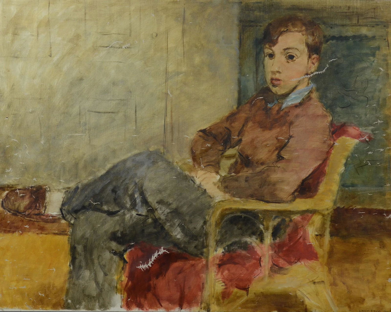 Leon Karp, (Amer., 1903-1951) o/c: Leon Karp, (Amer., 1903-1951) PA artist Painting of Young Boy, oil on canvas signed Leon Karp for G., painting was a gift from the artist to G. Ralph Smith, 27" x 33-1/2"w, unmounted and laid flat, pa