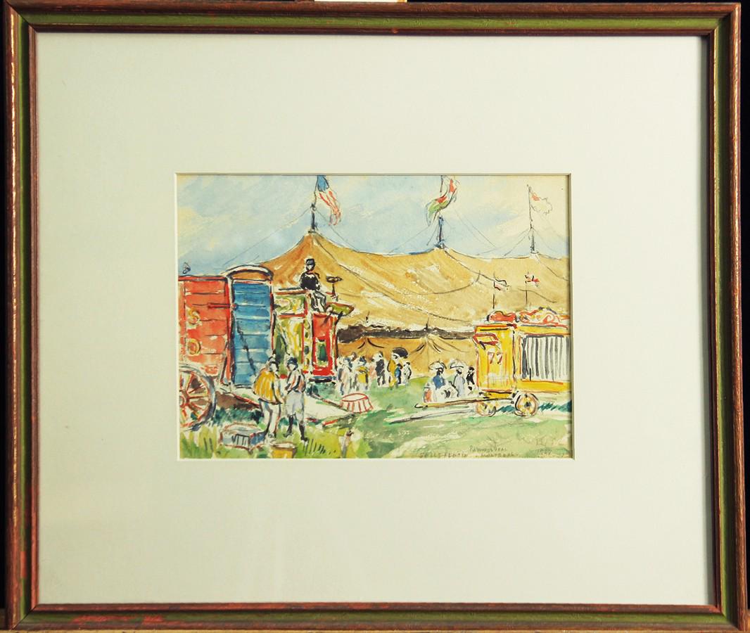 Reynolds Beal, Circus Tent and Wagons, 1927, W/C: Reynolds Beal, Circus Tent and Wagons, 1927, Watercolor on Paper, 6.75” x 9.5”, Signed LR