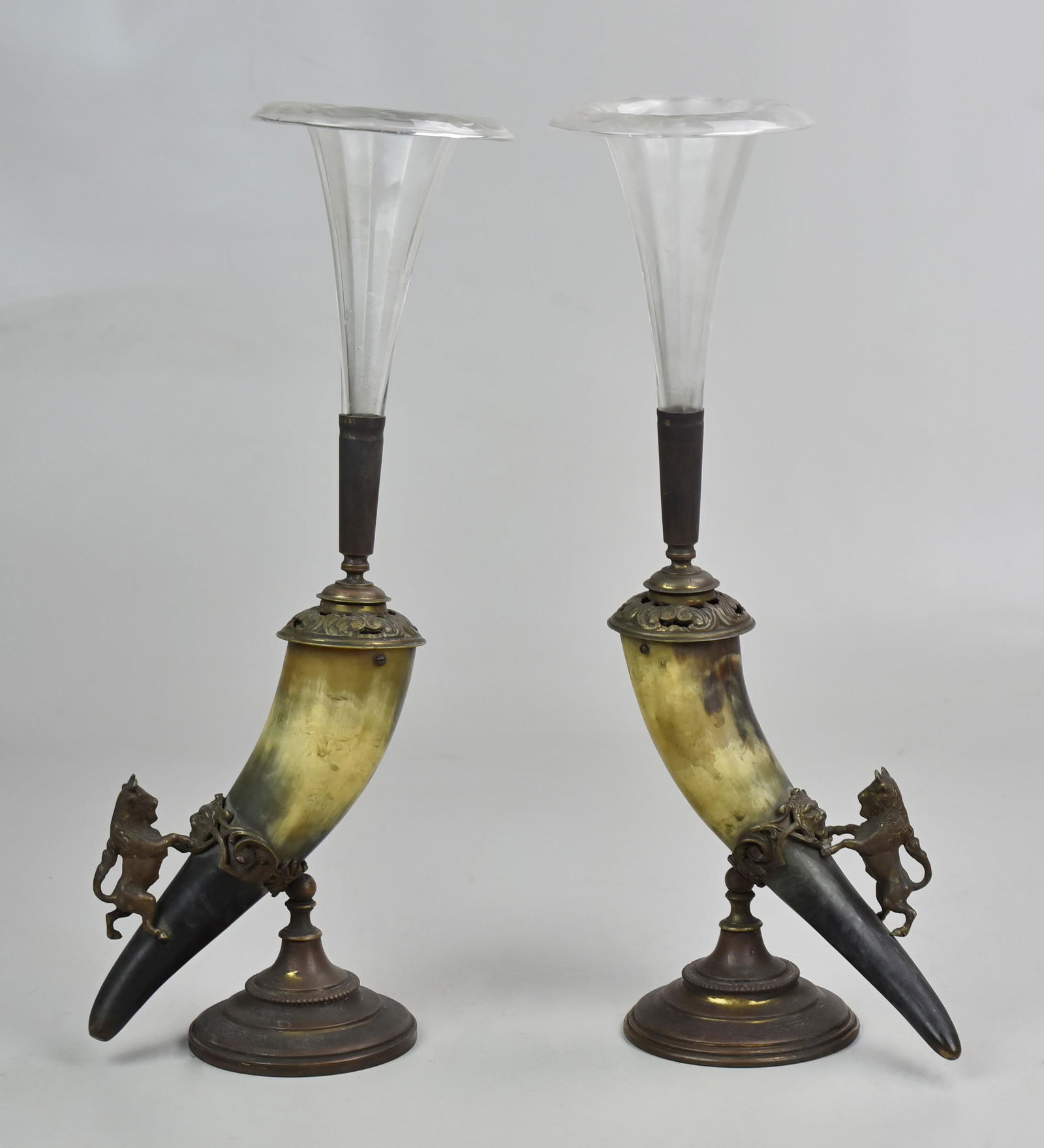Pair of Horn Mounted Epergne Vases: Pair of horn epergnes, brass mounts with bull & lion face, etched glass trumpet vase inserts, 14" h: . Provenance: This lot comes from the Hopkinson Family Collection, Francis Hopkinson, 1737-1791 was