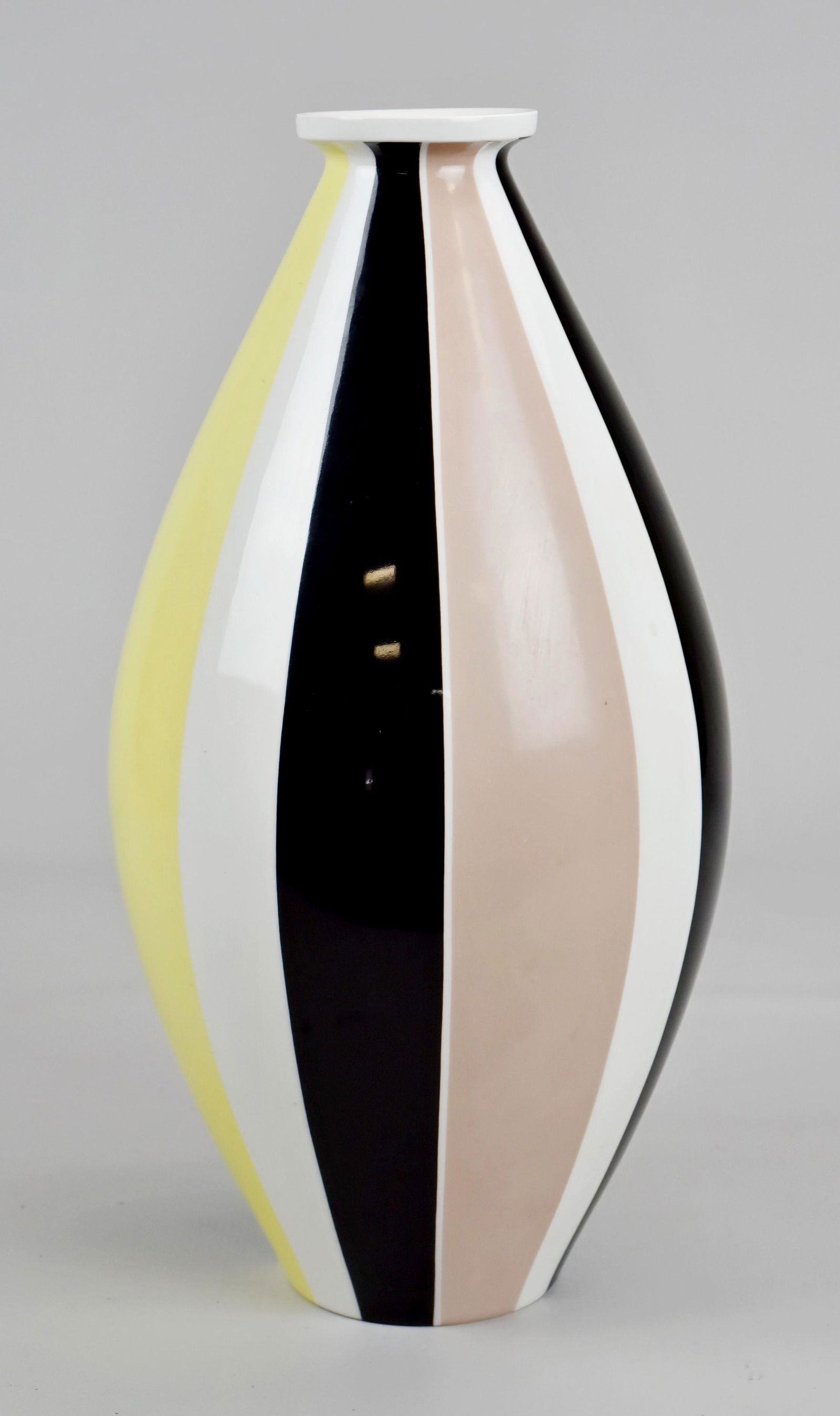 KPM Mid-Century Vase: KÃ¶nigliche Porzellanmanufaktur Berlin KPM, 1950s / 1960s by Trude Petri, black, yellow and mauve stripe . 16"h