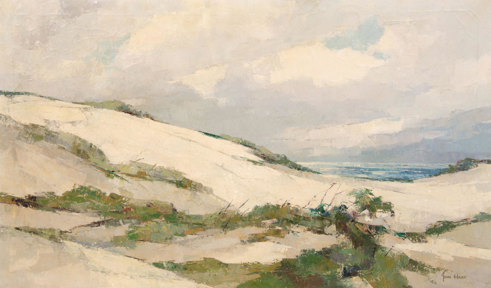 John Cuthbert Hare Beach Scene "Cape Dunes": John Cuthbert Hare (American, 1908-1978) beach landscape "Cape Dunes", oil on canvas, signed "John Hare", 24" x 40", framed 31-1/4" x 47-1/4", fair condition, extensive age cracking