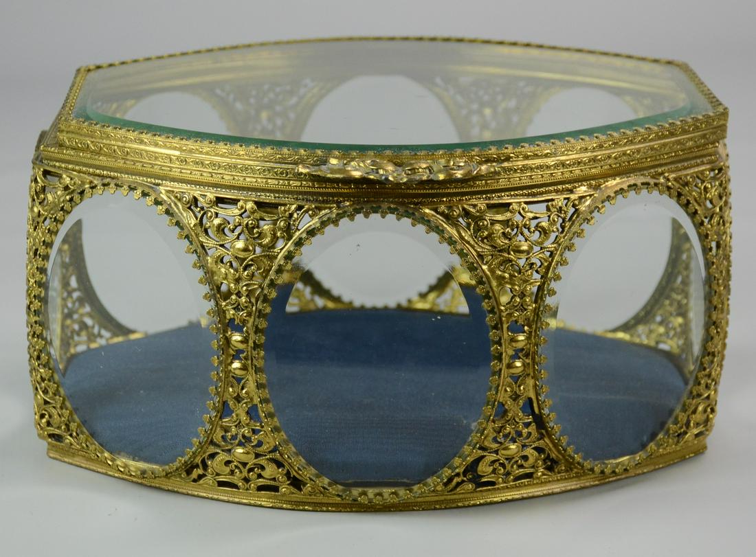 Brass & Beveled Glass Jewelry Casket: Brass & beveled glass jewelry casket, upholstered base, hinged lid, 10" w x 9-1/2" d x 5-1/4" h