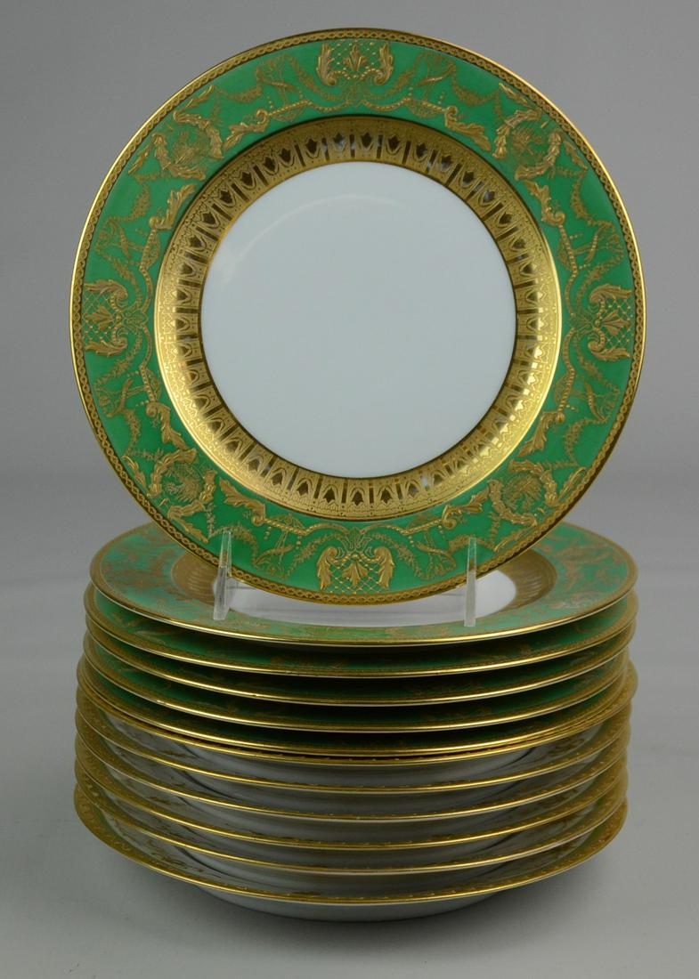 (12) Porcelain Luncheon Plates: (12) Porcelain luncheon plates, green & gold, c/o 6 Royal Bavarian Hutschenreuther (1 chipped), 6 Richard Klemm Dresden, largest 8-7/8" dia