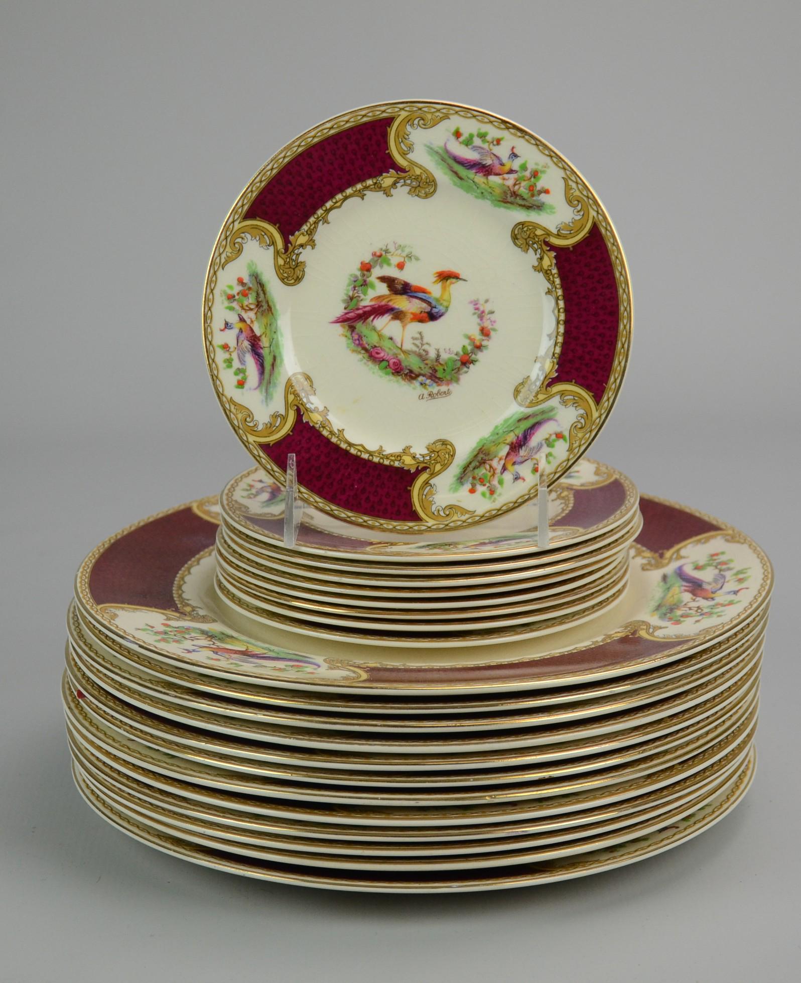 (21) Pcs Myott Staffordshire Dinnerware: (21) Pcs Myott Staffordshire porcelain dinnerware, Chelsea Bird pattern, center medallion pheasant with burgundy and gilded scrolled rococo floral & pheasant motifs, signed "A. Robert", overall crazin