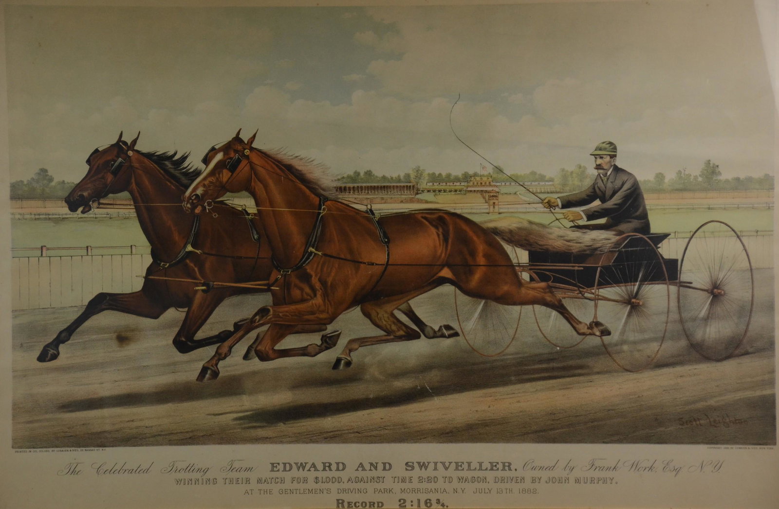 Original Currier & Ives "Edward and Swiveller": Original Currier & Ives "Edward and Swiveller", after a painting by Scott Leighton, 20" x 34" image, framed 32-5/8" x 44-3/4", good condition with some brown spots and scratches, not inspected out of 