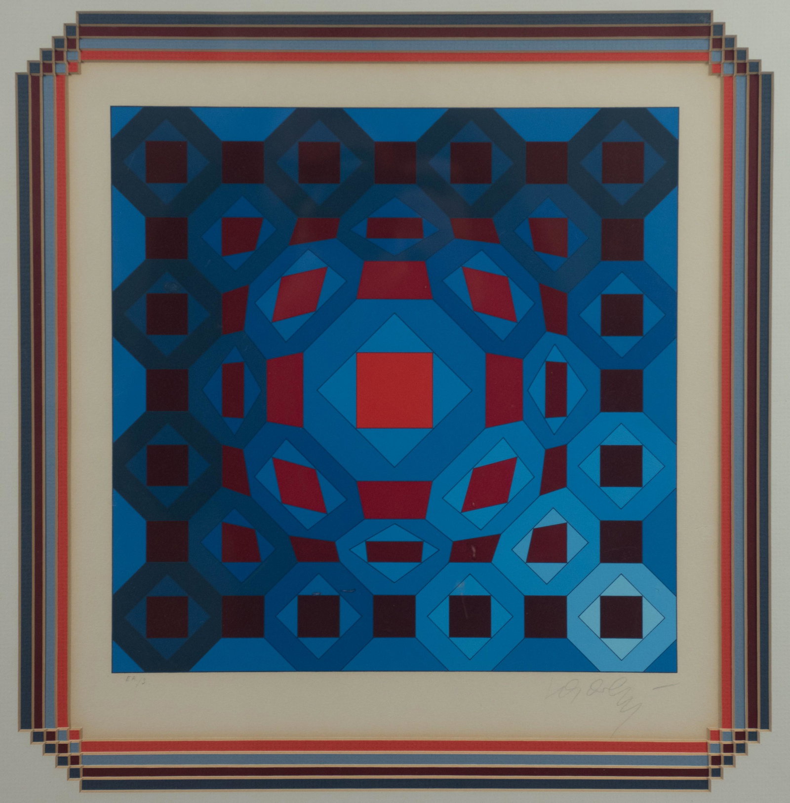 Victor Vasarely Op Art Silkscreen Print: Victor Vasarely (French, 1906-1997) Op Art silkscreen print, silkscreen on paper, pencil signed "Vasarely", edition EA/3, 11-3/4" x 11-3/4" image, framed 21-3/4" x 21-3/4", fair condition, touched up,