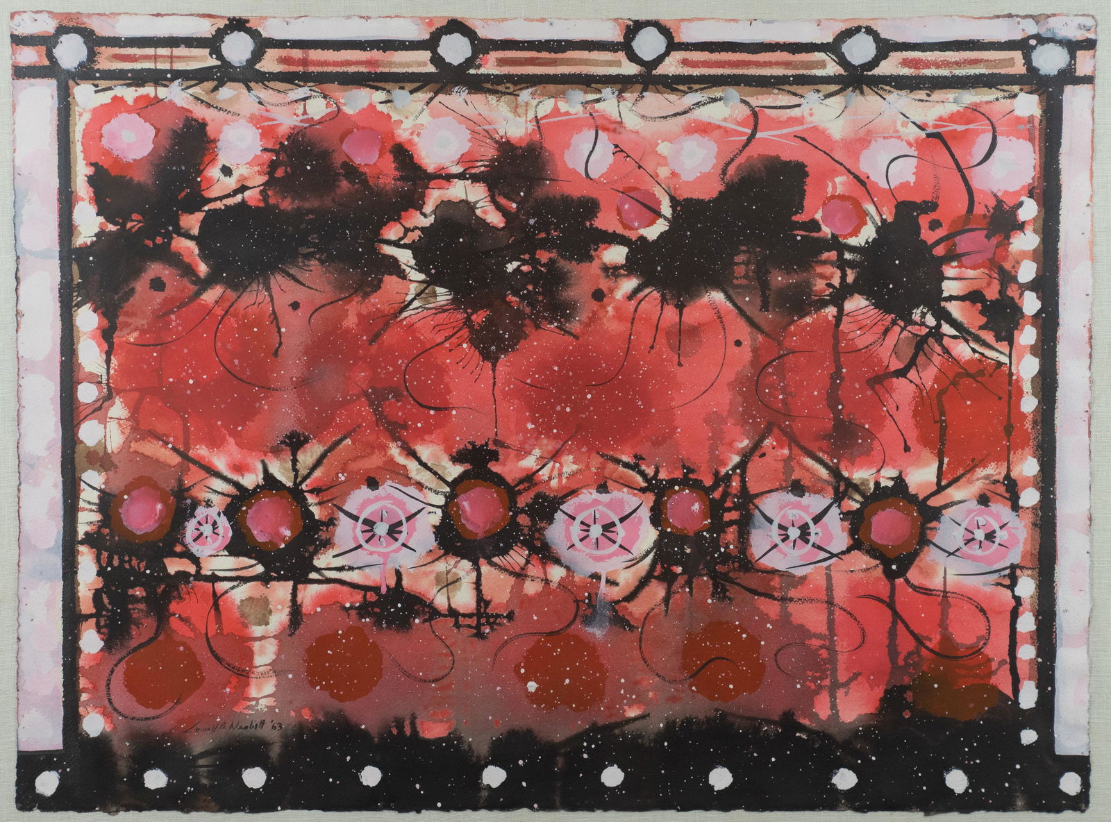 Lowell Nesbitt Abstract Watercolor Painting: Lowell Nesbitt (American, 1933-1993) abstract watercolor painting, signed " lowell B. Nesbitt '63", 22-1/4" x 30" sheet, framed 30-1/2" x 37-1/2", good condition