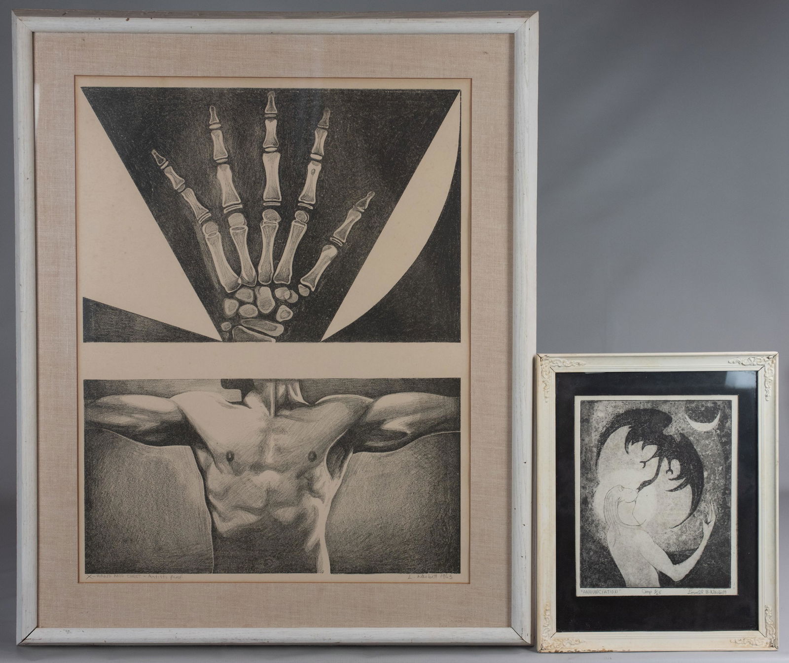 Lowell Nesbitt (2) Signed Prints: Lowell Nesbitt (American, 1933-1993), (2) signed prints, "Annunciation", aquatint, signed " lowell B. Nesbitt, imp. 7/25, 9-7/8" x 7-7/8" image; "X-hand and Chest", lithograph, signed " l. Nesbitt, ar