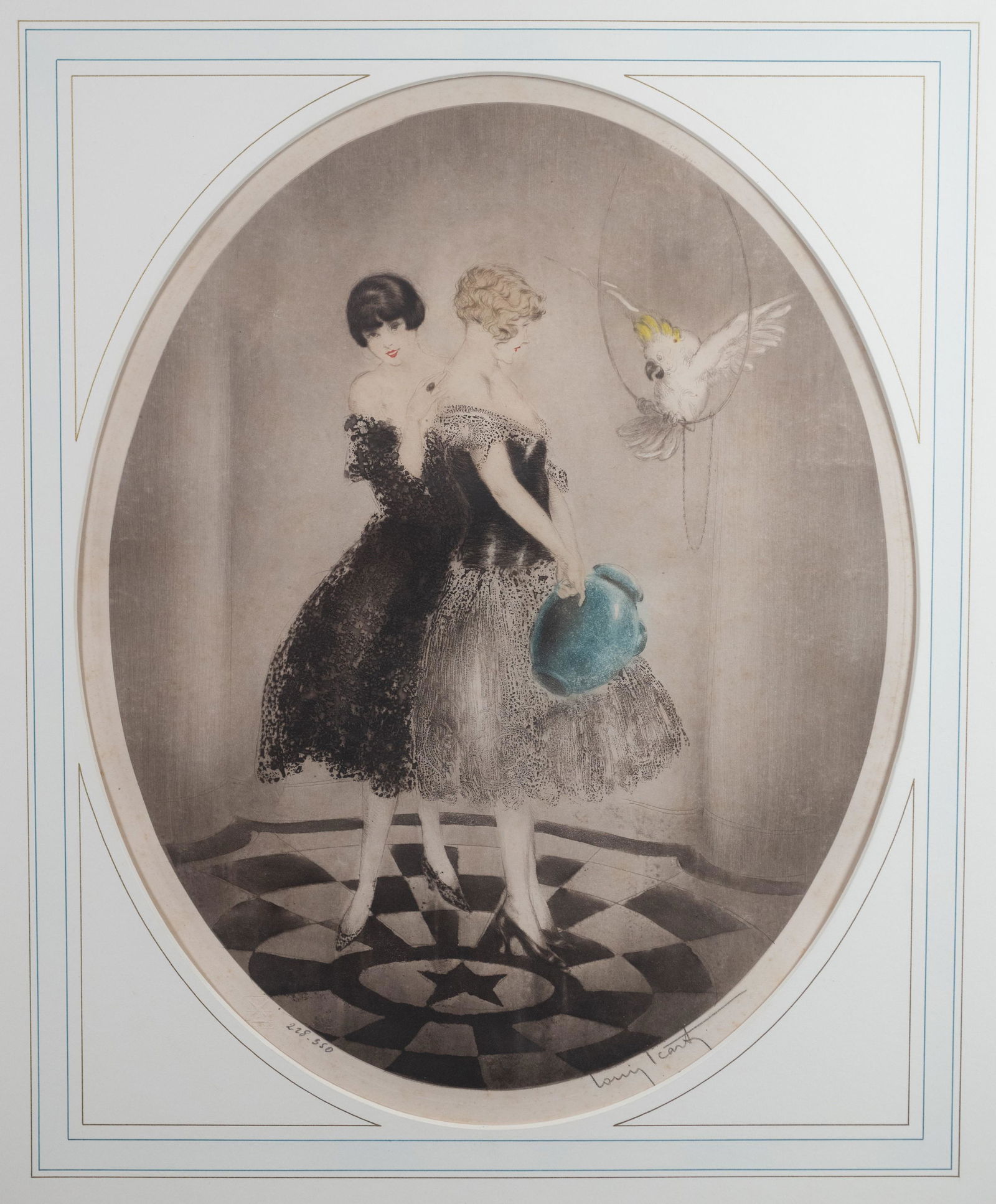 Louis Icart Original Etching "Gossip": Louis Icart (French, 1888-1950) original etching "Gossip", pencil signed, blindstamp lower left, numbered 228/350, 16-5/8" x 13-1/8", image, framed 26-1/2" x 23", good condition, light overall foxing,