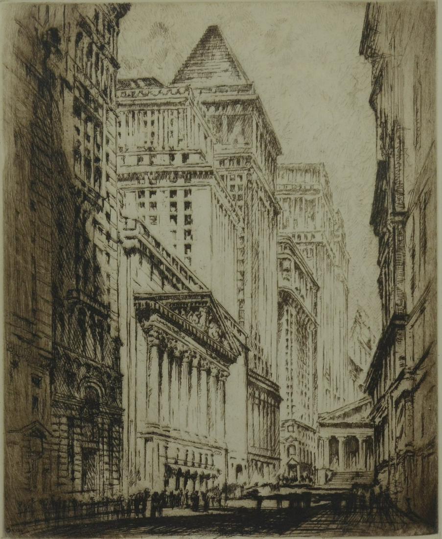 After Joseph Pennell Etching NY Stock Exchange: After Joseph Pennell (American, 1857-1926) etching "New York Stock Exchange", unsigned, marked "copyright NYSE" lower left, 11-3/4" x 9-1/2" plate, framed 18-5/8" x 15-5/8"