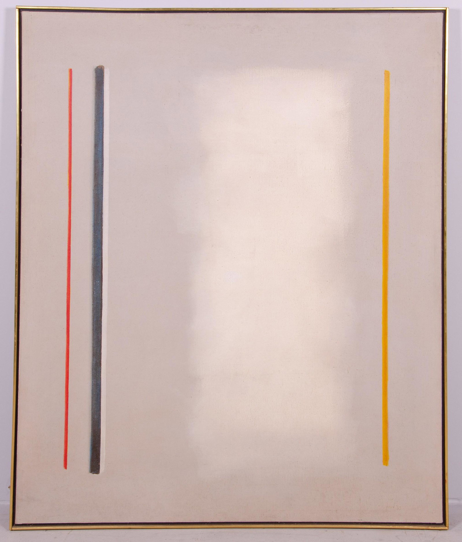 Mason Wells Large Geometric Abstract Painting: Mason Wells large geometric abstract painting, oil on canvas, signed "MW '63", signed "Mason Wells" on stretcher, 60" x 50", framed 61-1/2" x 51-1/2", good condition