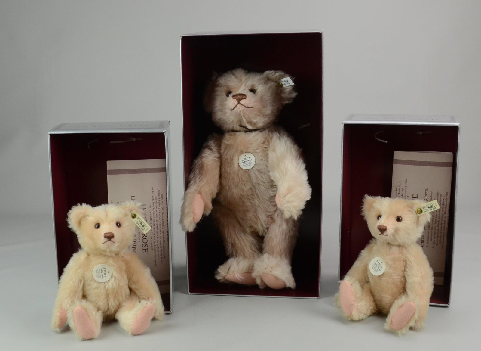 (3) Steiff Teddy Rose Bears: (3) Steiff Teddy Rose Bears Replica NIB, (2) Small (1) Lg