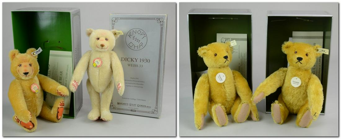 (4) Steiff Teddy Bears Purzel and Dicky: (4) Steiff Teddy Bears NIB c/o (2) Dicky Bears 1930 Replica and (2) Purzel Bears 1909 Replica