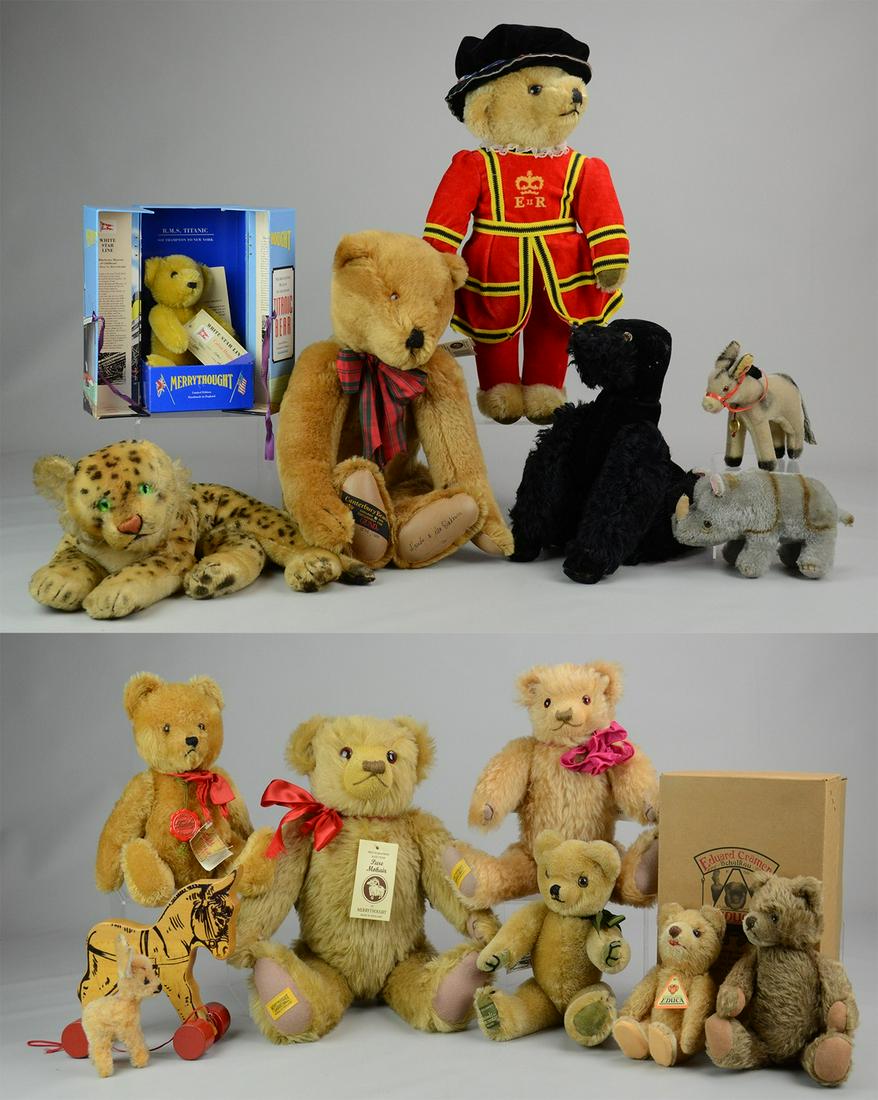 Merrythought and Hermann Animal Grouping: Merrythought and Hermann animal grouping c/o wooden Steiff pull rocking horse, Educa bear, Hermann teddy bear and mule, (5) unmarked mohair animals, Canterbury bear for Gund and (5) Merrythought bears