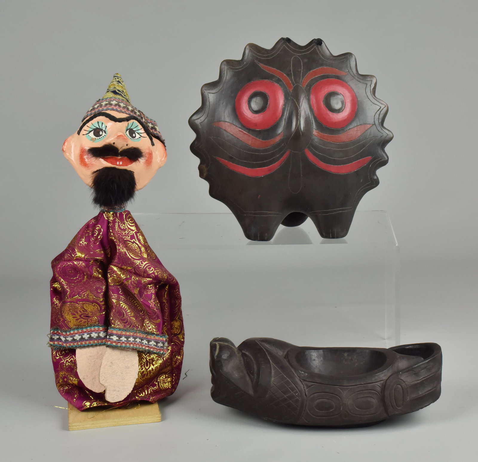 (3) Ethnic Items: Alaskan Amos Wallace Bowl Signed 1964, South American Pottery Figural Bird (Some Damage), Paper Mache Doll on Stand (16-1/2" h)