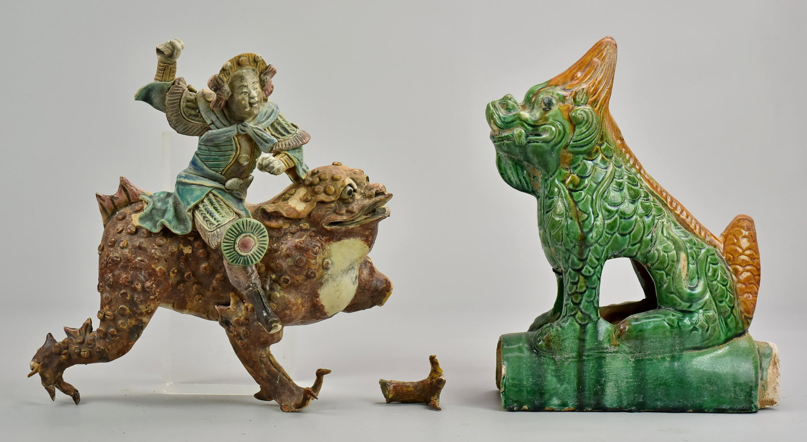 (2) Chinese Roof Ornaments: (2) Chinese roof ornaments c/o Liu Hai riding giant toad and seated dragon, toad with separated foot.