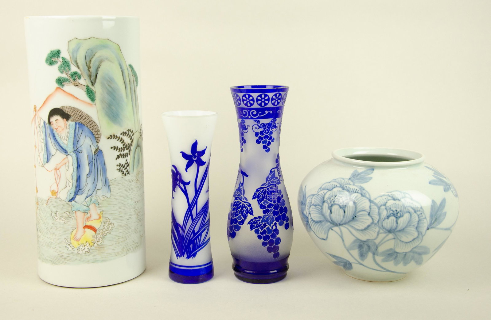 (4) Asian Pieces: (4) Asian pcs. c/o (2) cameo glass vases, Korean blue & white pot w/signature to base and late Republic hat stand, 11-1/4" h