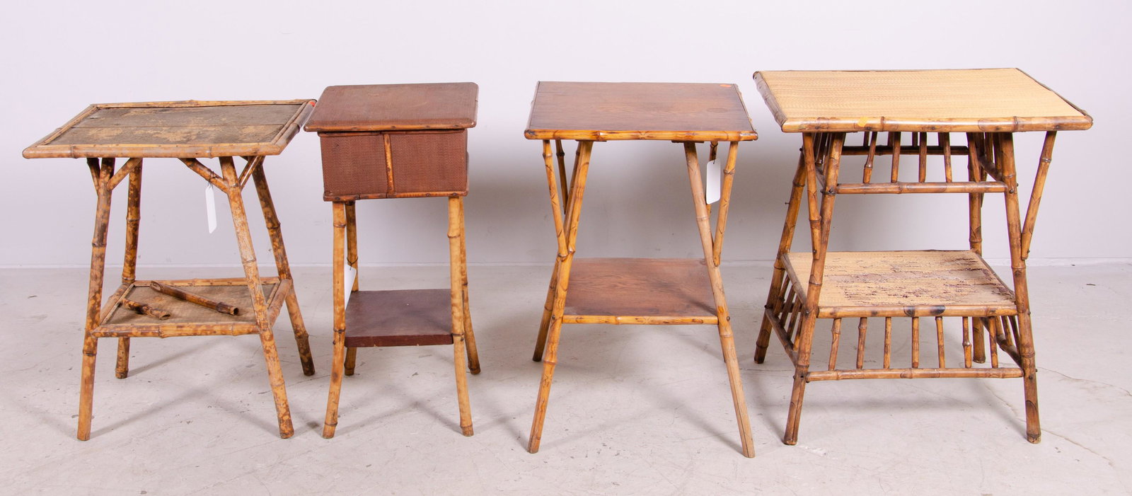 (4) bamboo stands: (4) bamboo stands, thatched tops, one sewing stand with removable inserts, largest 28"h x 22"w x 16"d, some with damages and wear