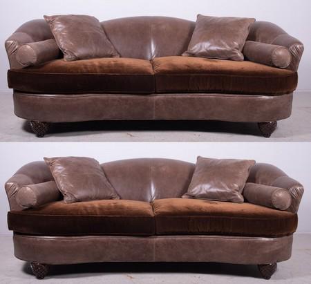 Pair William Allen leather & velvet sofas (1 of 3)