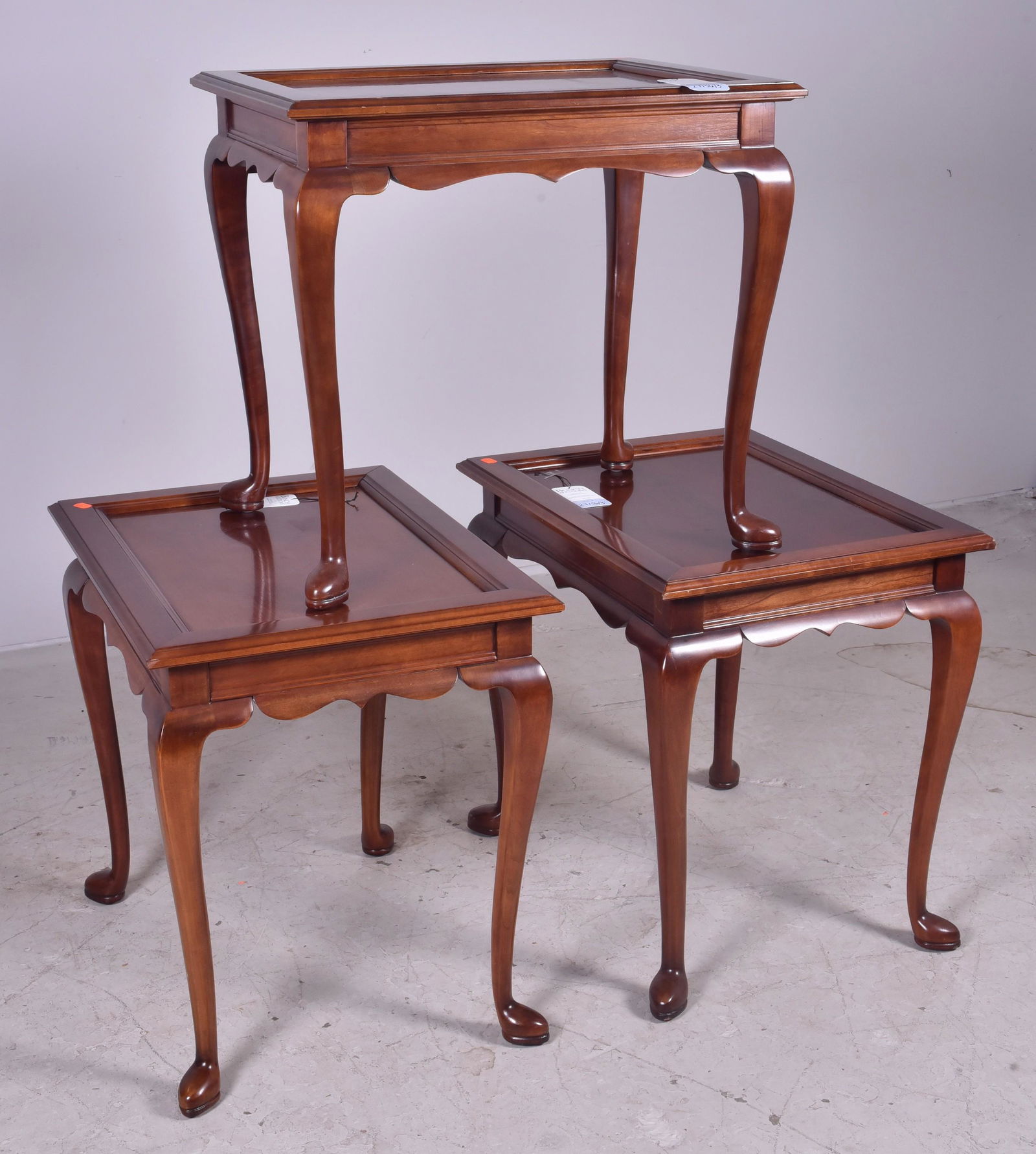 (3) QA style mahogany tea tables: (3) QA style mahogany tea tables, scalloped skirts, inset tops, 24-1/4" h x 26-1/4" w x 20-1/4" d