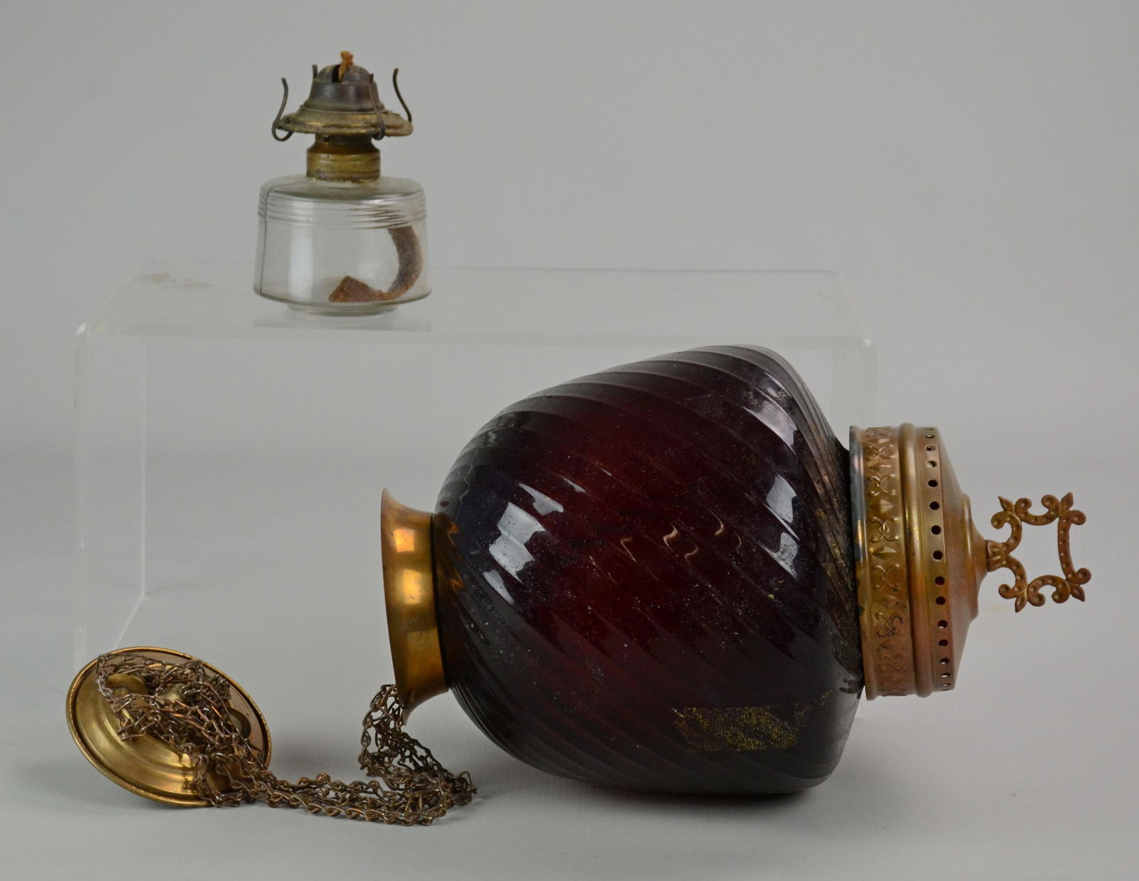 Ruby Red Glass Hanging Lamp and Eagle Oil Lamp (1 of 1)