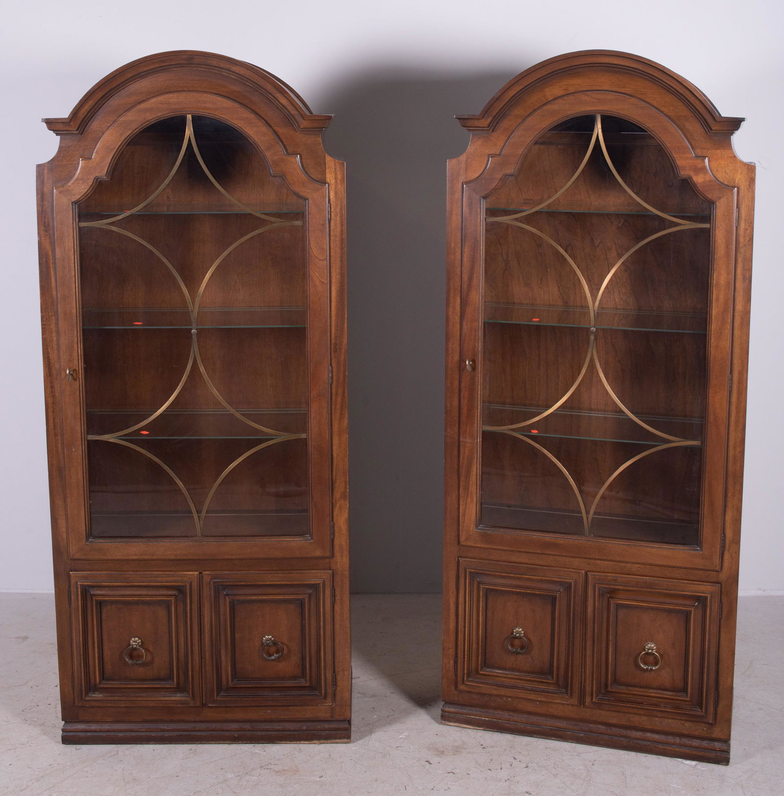 Pair Walnut finished dometop display cabinets (1 of 1)