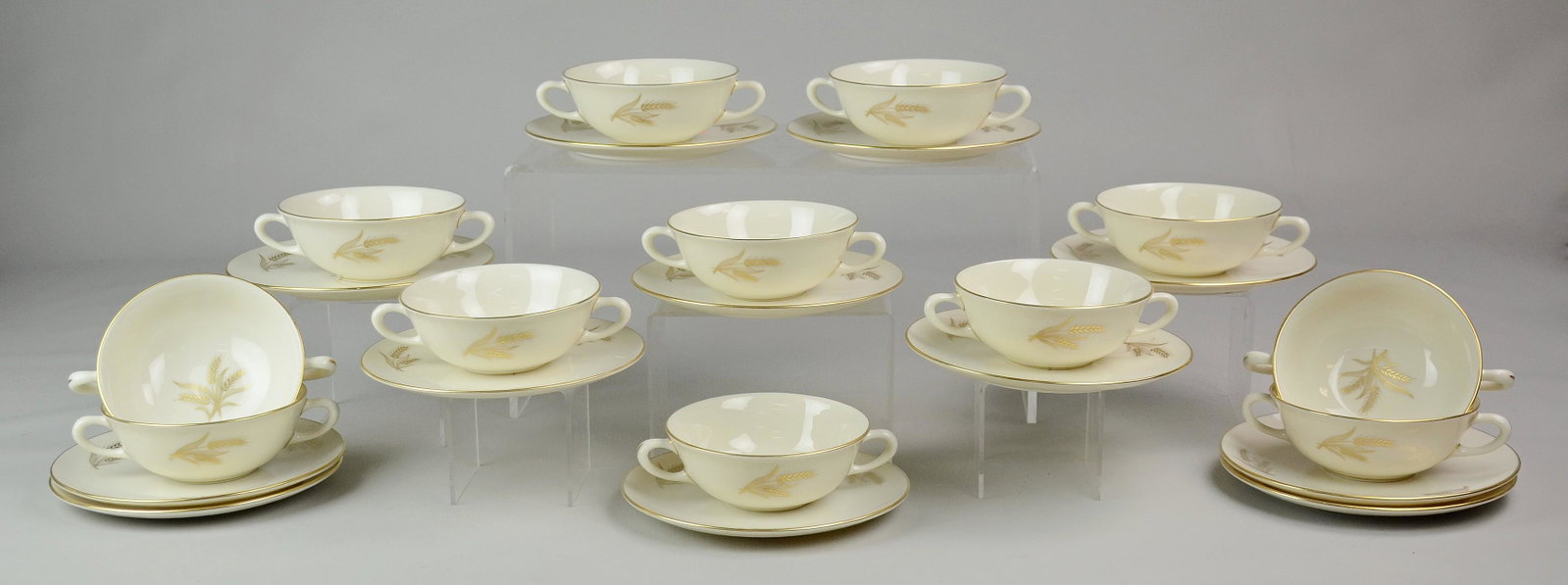 (12) Lenox Harvest Cream Soup Bowls & Saucers: (12) Lenox porcelain cream soup bowl & under plates, Harvest pattern