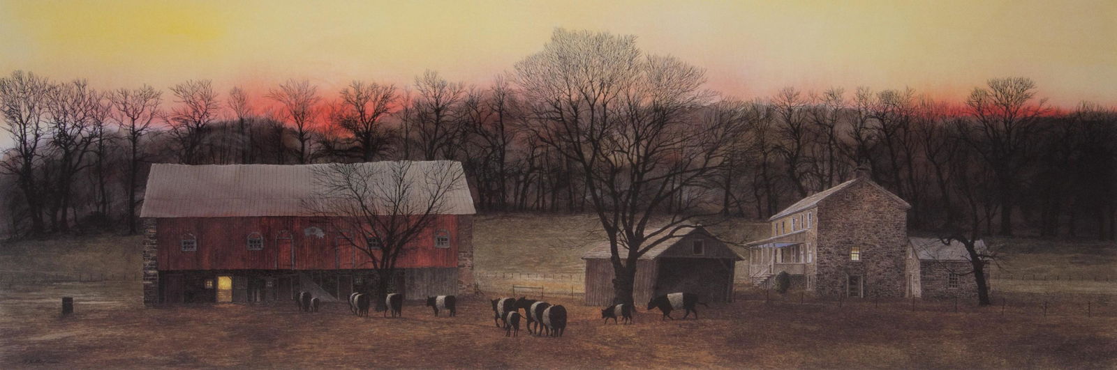 Peter Sculthorpe Lithograph "In from the Fields": Peter Sculthorpe (American, b. 1948) PA artist, lithograph "In from the Fields", pencil signed "P. Sculthorpe", edition 27/500, 12" x 35" image, framed 22-1/2" x 45-1/2", very good condition