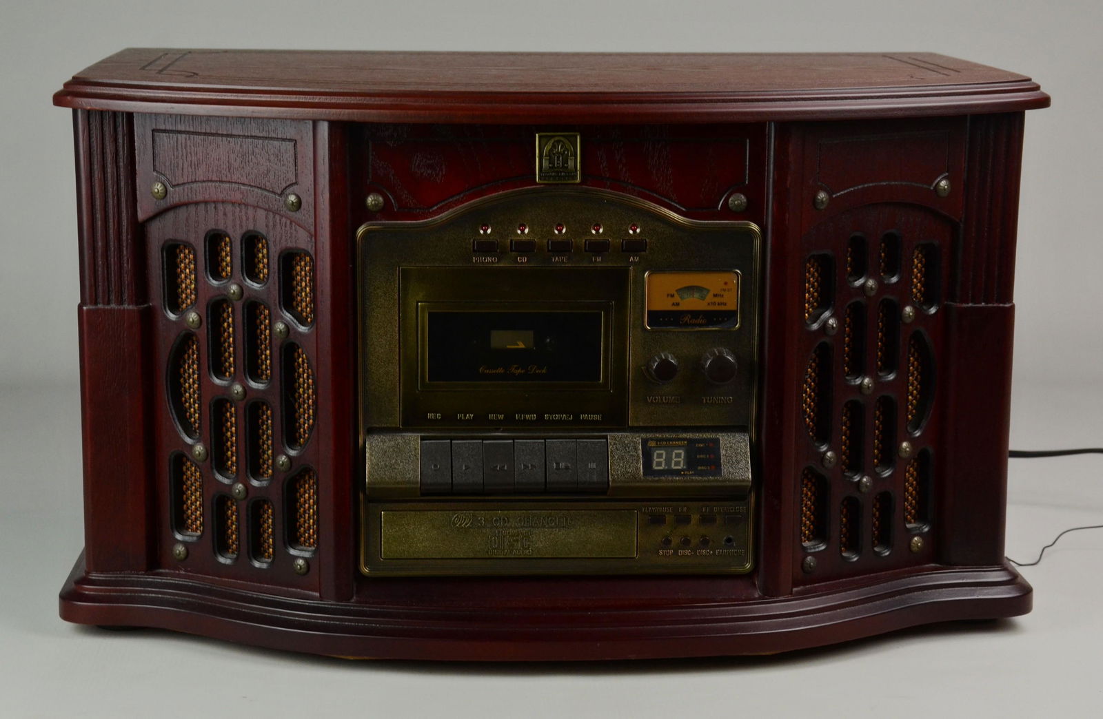 Phonograph with AM/FM Radio: Phonograph with AM/FM Radio, Cassette, and 3 Disc CD player by Thomas Pacconi Classics, 12-1/2" h x 22" w x 42" d