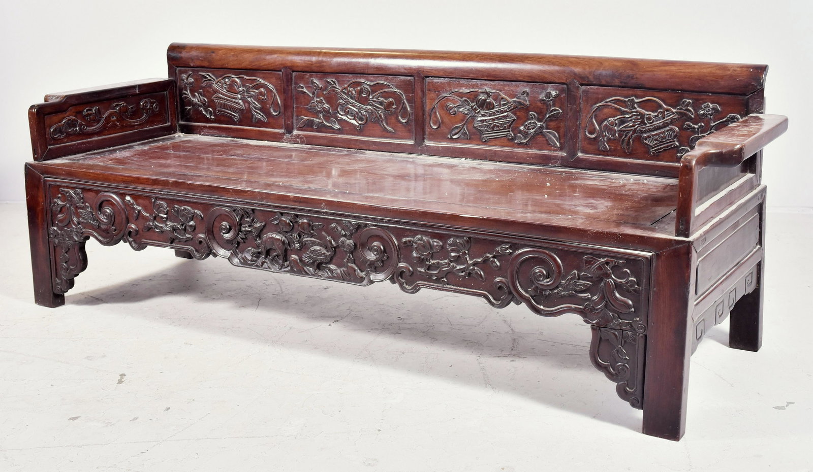 Chinese carved teakwood bench: Chinese carved teakwood bench w/lingzhi and baskets of fruits and flowers, 76" w x 27" h x 23" d, damage to fretwork