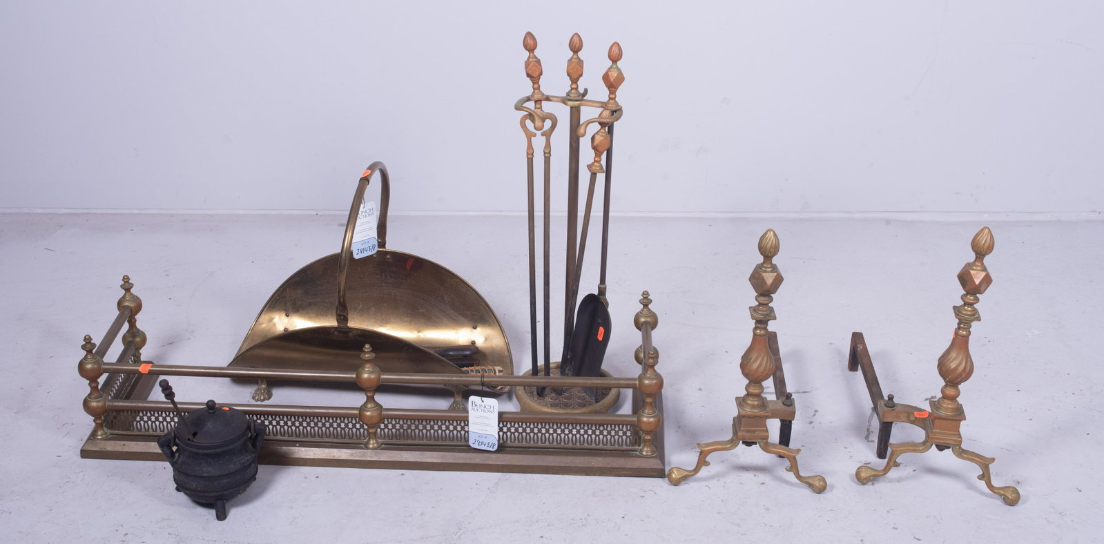 (8) pcs fireplace equipment: (8) pcs fireplace equipment, c/o (2) andirons, 1 fireplace fender, 1 billow, broom, kerosene bucket, fireplace tools on stand, wood carrier