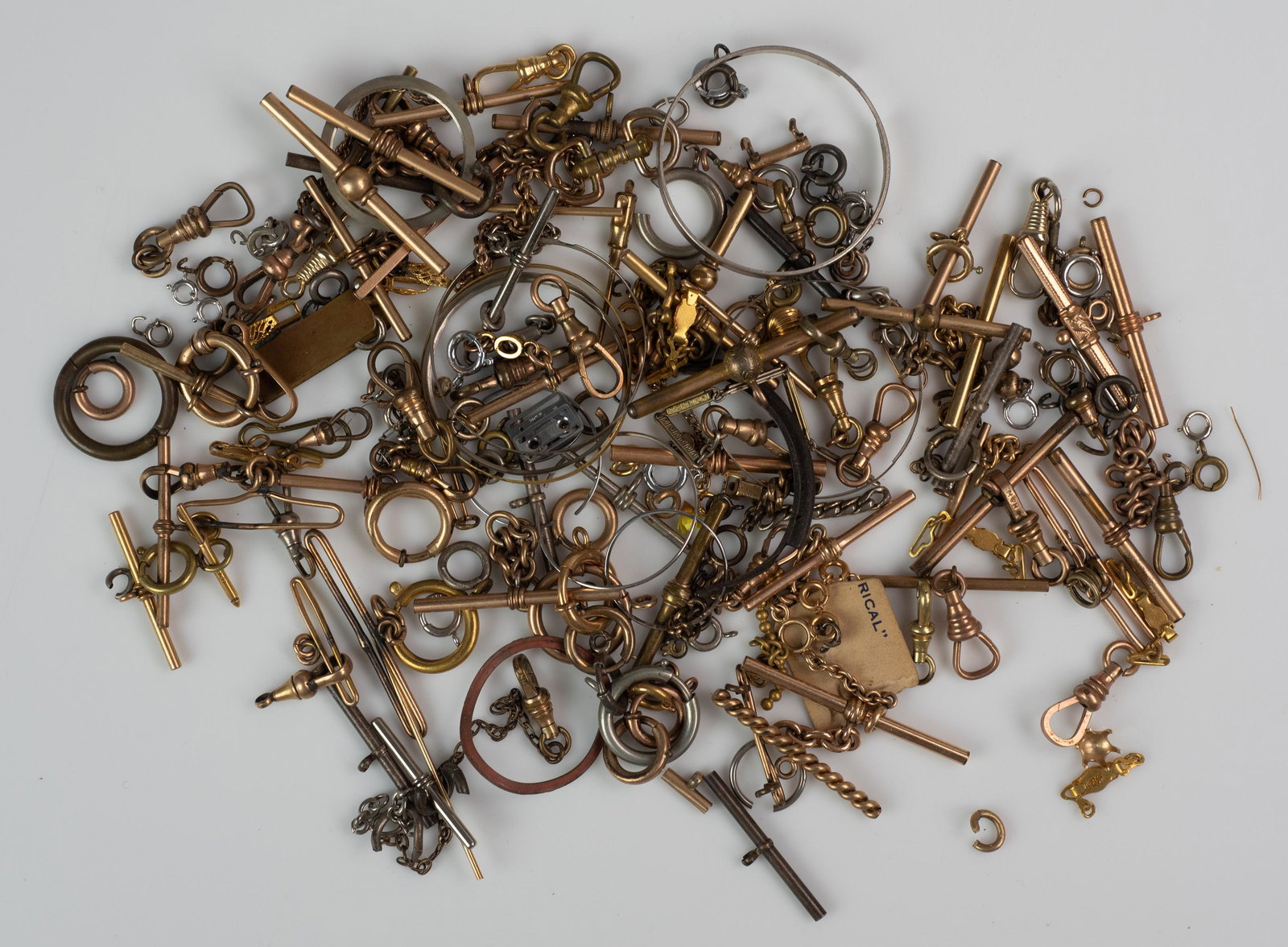 Watch chain parts, T-bars, catches, links, etc: Watch chain parts, T-bars, catches, links, etc , all GF or base metal