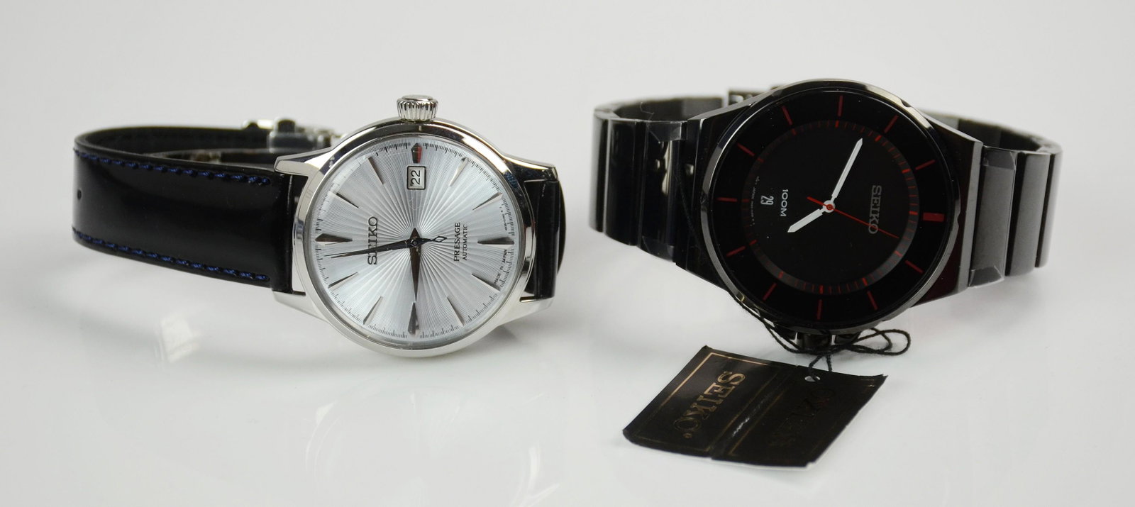 (2) Seiko Men's watches: (2) Seiko Men's watches, c/o White Chronograph Solar, Serial SSC387, other Seiko Presage Automatic watch with black leather band, SRPB43Y9