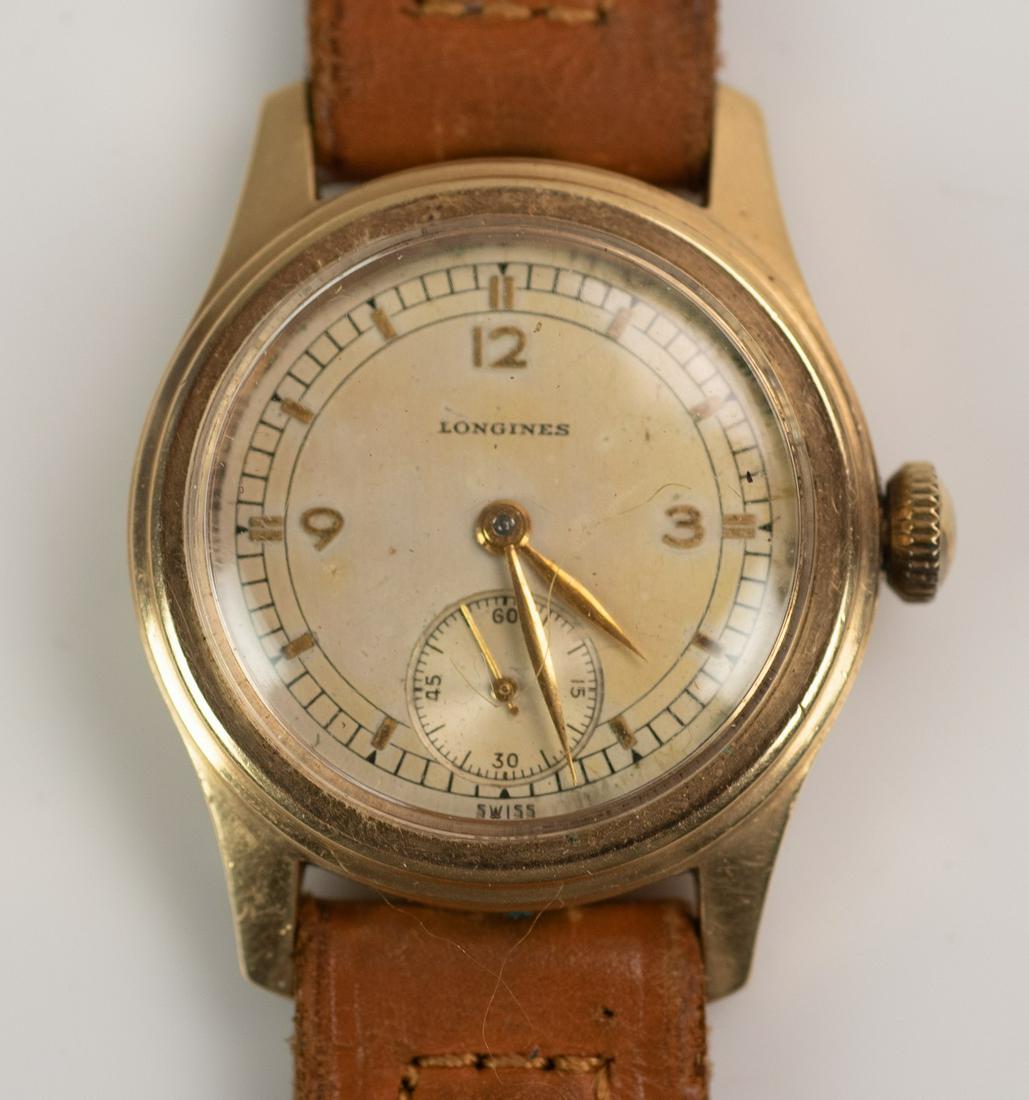 14K Longines men's round wrist watch: 14K Longines men's round wrist watch, runs when when wound, calfskin band